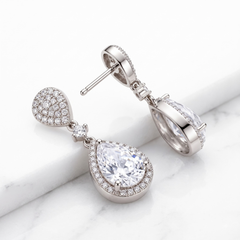 Elegant Clear Crystal Teardrop Halo Drop Earrings for Brides & Weddings, Earrings for Women