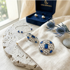 EL ARO Silver Round Stud Earrings with Sapphire Blue & CZ Stones