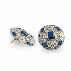 EL ARO Silver Round Stud Earrings with Sapphire Blue & CZ Stones