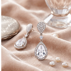 Elegant Clear Crystal Teardrop Halo Drop Earrings for Brides & Weddings, Earrings for Women