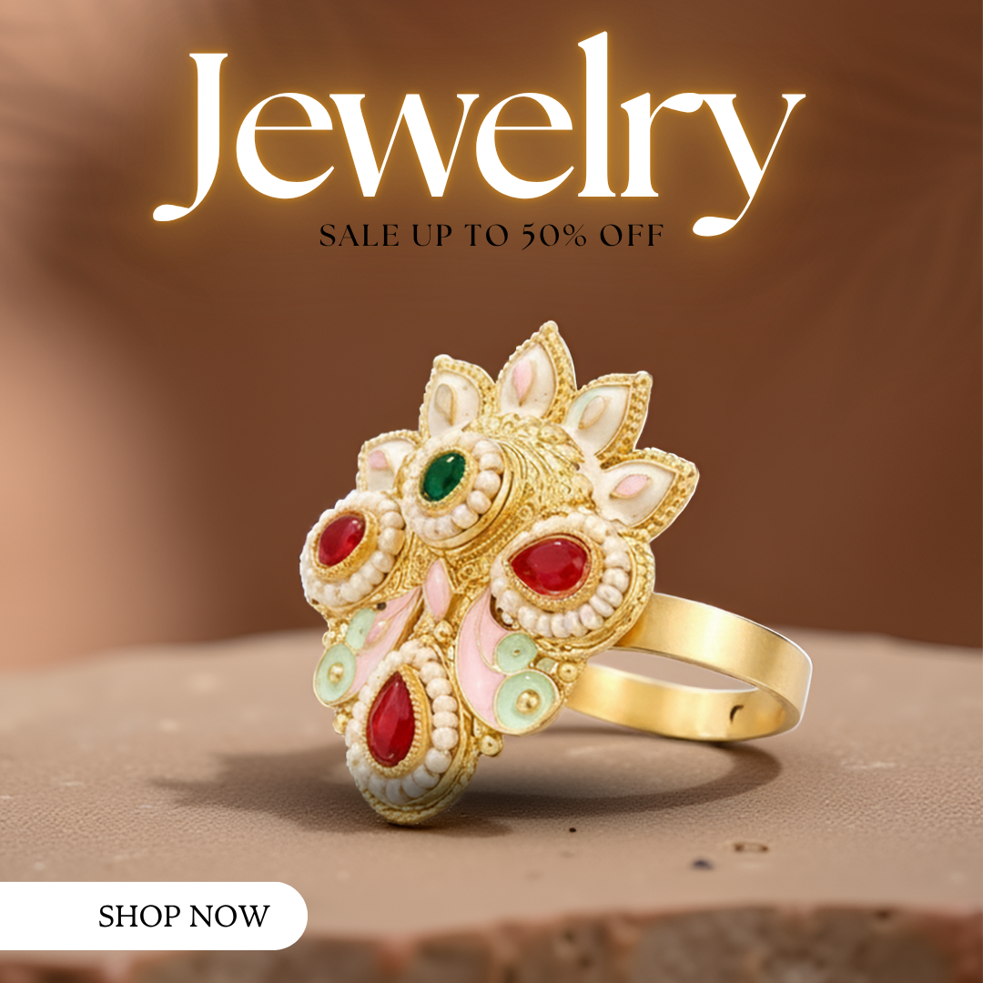 Elaro Gold Meenakari Floral Cocktail Ring | Ruby, Emerald & Pearl | Bridal Jewellery