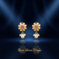 EL ARO Kundan Floral Stud Earrings with Pink Stone & Pearl Drop