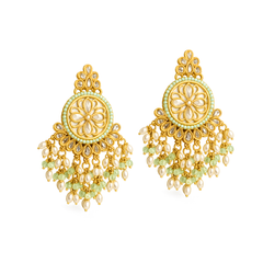 EL ARO Gold Kundan Chandbali Earrings with Mint Green Beads & Pearl Fringe