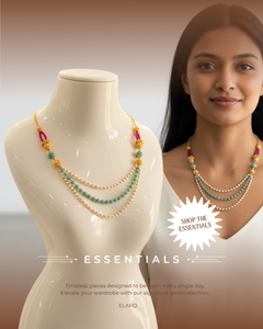 EL ARO Triple Strand Aqua Crystal & Gold Bead Necklace with Filigree Accents