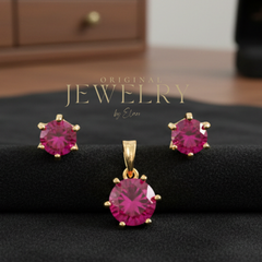 EL ARO Gold Ruby Red Oval CZ Pendant Necklace & Stud Earrings Set
