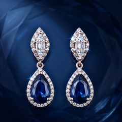 Elegant Pear-Cut Blue Sapphire Dangle Earrings - Silver Tone Halo Drops