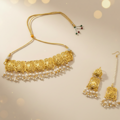 EL ARO Gold Floral Choker Necklace Set with Jhumka Earrings & Maang Tikka