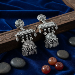 EL ARO Bohemian Antique Silver Jhumka Drop Earrings with Hanging Leaf Accents