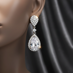 Elegant Clear Crystal Teardrop Halo Drop Earrings for Brides & Weddings, Earrings for Women