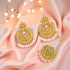 EL ARO Gold Kundan Chandbali Earrings & Maang Tikka Set with Ruby pink Bead Drops