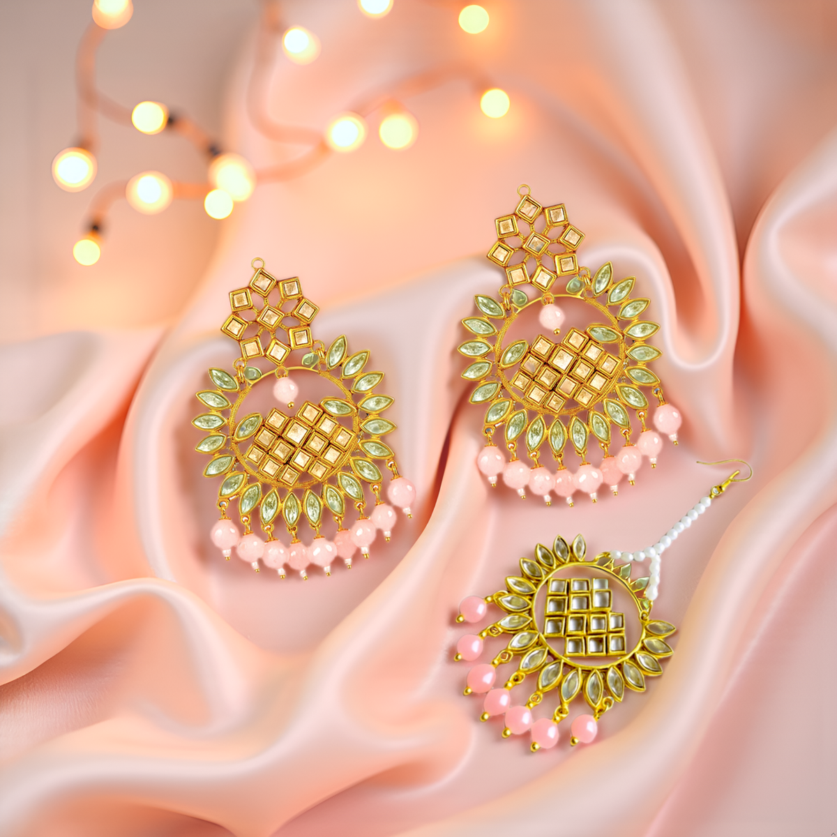 EL ARO Gold Kundan Chandbali Earrings & Maang Tikka Set with Ruby pink Bead Drops
