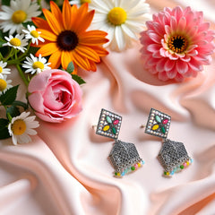 EL ARO Oxidised Silver Diamond-Top Jhumka Earrings with Multicolour Enamel & Bead Drops