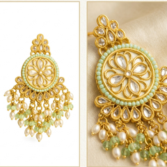 EL ARO Gold Kundan Chandbali Earrings with Mint Green Beads & Pearl Fringe