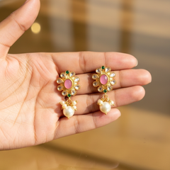 EL ARO Kundan Floral Stud Earrings with Pink Stone & Pearl Drop