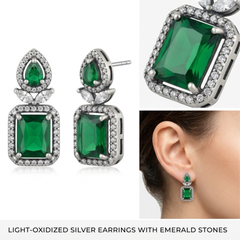 Elaro Silver Emerald Green Emerald-Cut CZ Drop Earrings with Pear Stud