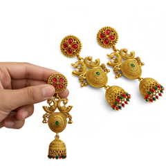 EL ARO Gold-Plated Jhumka Earrings with Ruby & Emerald Accents