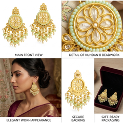 EL ARO Gold Kundan Chandbali Earrings with Mint Green Beads & Pearl Fringe