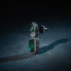 Elaro Silver Emerald Green Emerald-Cut CZ Drop Earrings with Pear Stud
