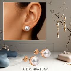 EL ARO Oversized Pearl Button Stud Earrings with Gold Bead Halo