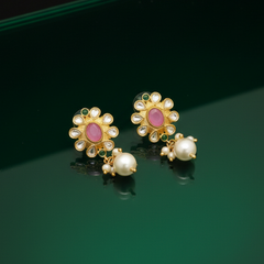 EL ARO Kundan Floral Stud Earrings with Pink Stone & Pearl Drop