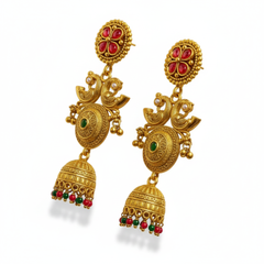 EL ARO Gold-Plated Jhumka Earrings with Ruby & Emerald Accents