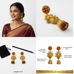 EL ARO Gold-Plated Jhumka Earrings with Ruby & Emerald Accents