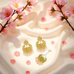 EL ARO Gold Kundan Chandbali Earrings & Maang Tikka Set with Ruby pink Bead Drops