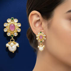 EL ARO Kundan Floral Stud Earrings with Pink Stone & Pearl Drop