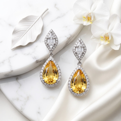 Elegant Pear-Cut Blue Sapphire Dangle Earrings - Silver Tone Halo Drops