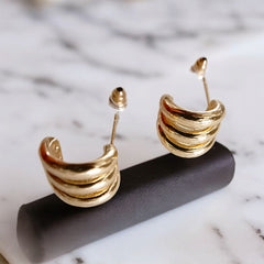 EL ARO Golden Triple-Band Half Hoop Chunky Stud Earrings