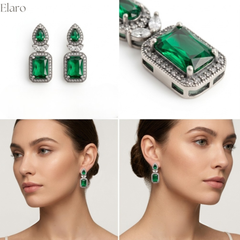 Elaro Silver Emerald Green Emerald-Cut CZ Drop Earrings with Pear Stud