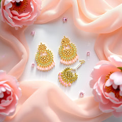 EL ARO Gold Kundan Chandbali Earrings & Maang Tikka Set with Ruby pink Bead Drops