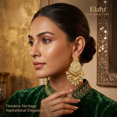 EL ARO Gold Kundan Chandbali Earrings with Mint Green Beads & Pearl Fringe