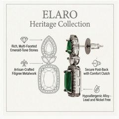 Elaro Silver Emerald Green Emerald-Cut CZ Drop Earrings with Pear Stud