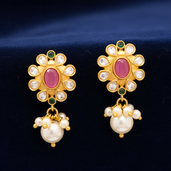 EL ARO Kundan Floral Stud Earrings with Pink Stone & Pearl Drop
