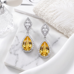 Elegant Pear-Cut Blue Sapphire Dangle Earrings - Silver Tone Halo Drops