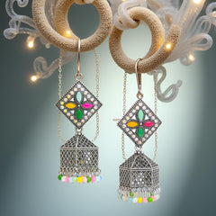 EL ARO Oxidised Silver Diamond-Top Jhumka Earrings with Multicolour Enamel & Bead Drops