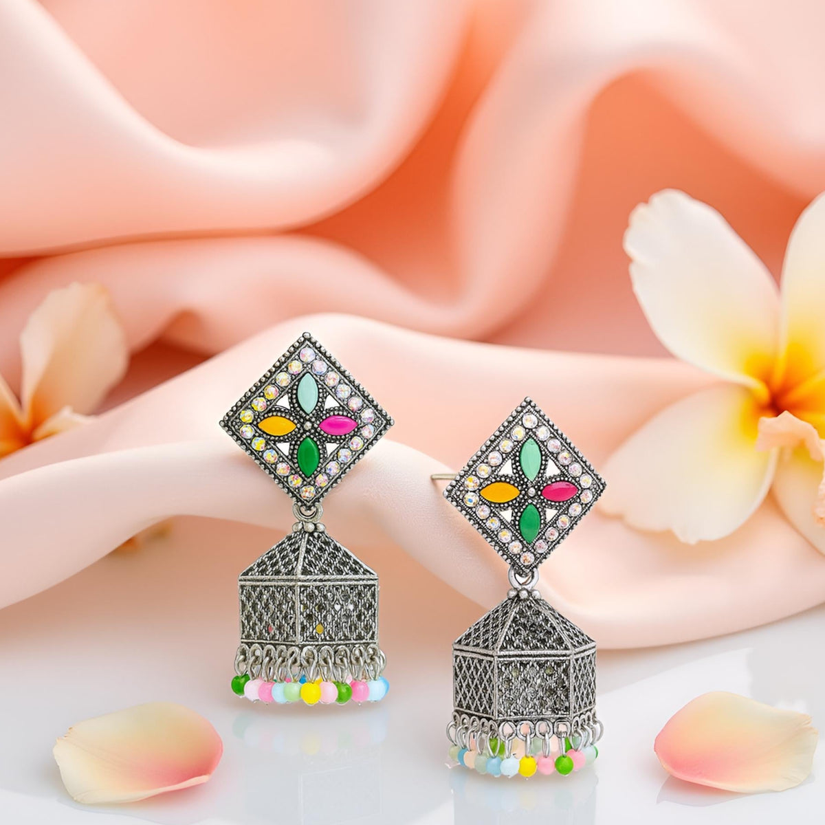 EL ARO Oxidised Silver Diamond-Top Jhumka Earrings with Multicolour Enamel & Bead Drops
