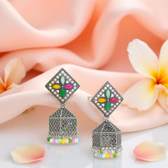 EL ARO Oxidised Silver Diamond-Top Jhumka Earrings with Multicolour Enamel & Bead Drops