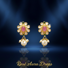 EL ARO Elegant Pink Kundan Floral Drop Earrings with Pearl Hangings