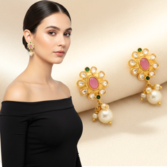 EL ARO Kundan Floral Stud Earrings with Pink Stone & Pearl Drop