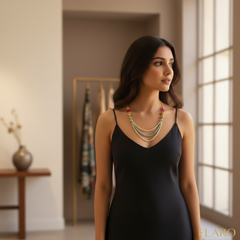 EL ARO Triple Strand Aqua Crystal & Gold Bead Necklace with Filigree Accents