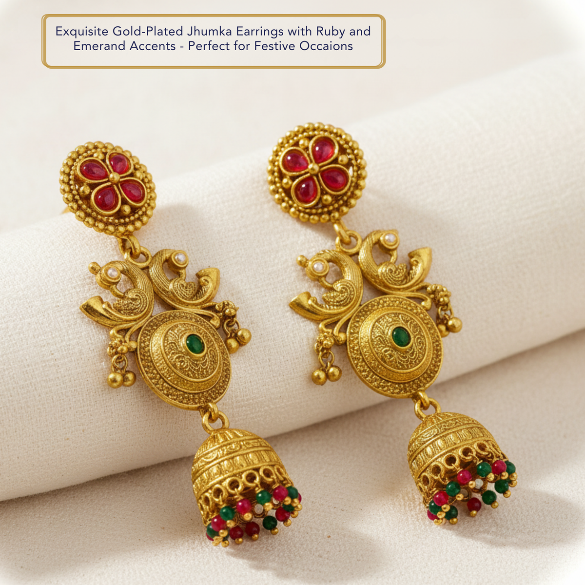 EL ARO Gold-Plated Jhumka Earrings with Ruby & Emerald Accents