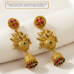EL ARO Gold-Plated Jhumka Earrings with Ruby & Emerald Accents