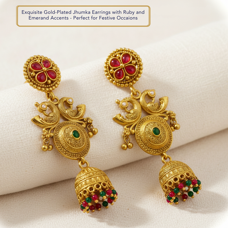 EL ARO Gold-Plated Jhumka Earrings with Ruby & Emerald Accents