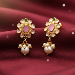 EL ARO Kundan Floral Stud Earrings with Pink Stone & Pearl Drop