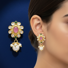 EL ARO Elegant Pink Kundan Floral Drop Earrings with Pearl Hangings