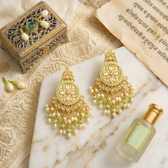 EL ARO Gold Kundan Chandbali Earrings with Mint Green Beads & Pearl Fringe