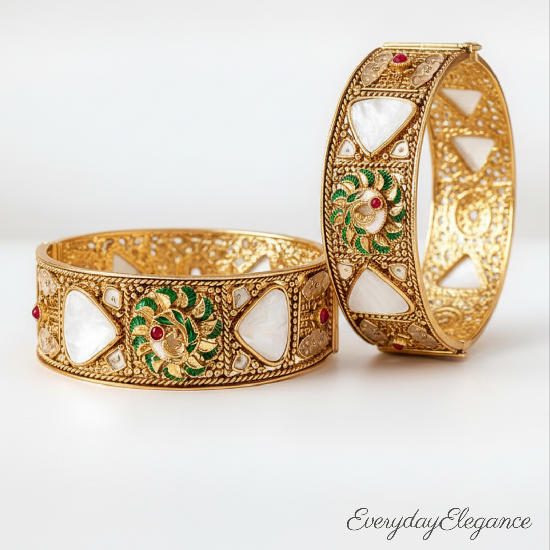 Elephant Motif Nakshi Kada pair  and Rajwadi Mother of Pearl Meenakari Kada pair.