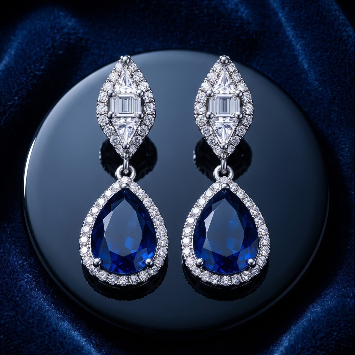Elegant Pear-Cut Blue Sapphire Dangle Earrings - Silver Tone Halo Drops